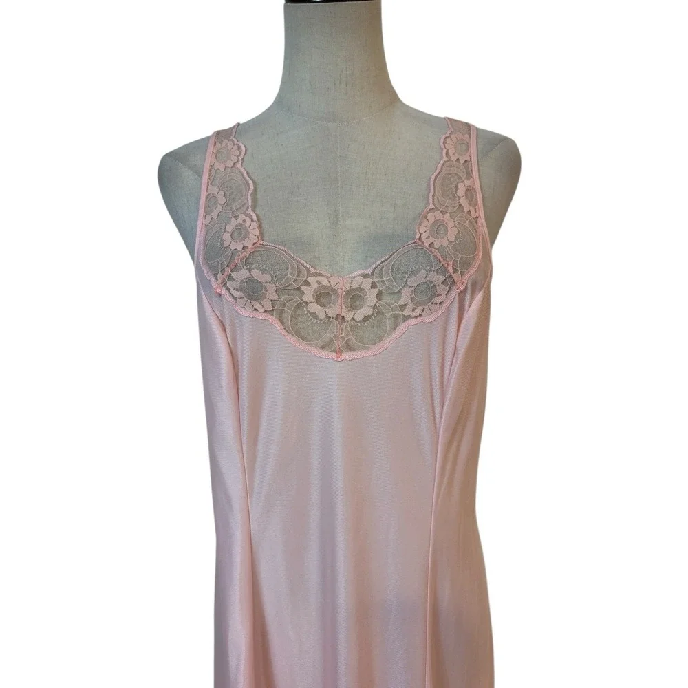 Vtg Pink‎ Lace Nightgown Maxi Slip Dress Floral Nylon Bridal Coquette Boudoir